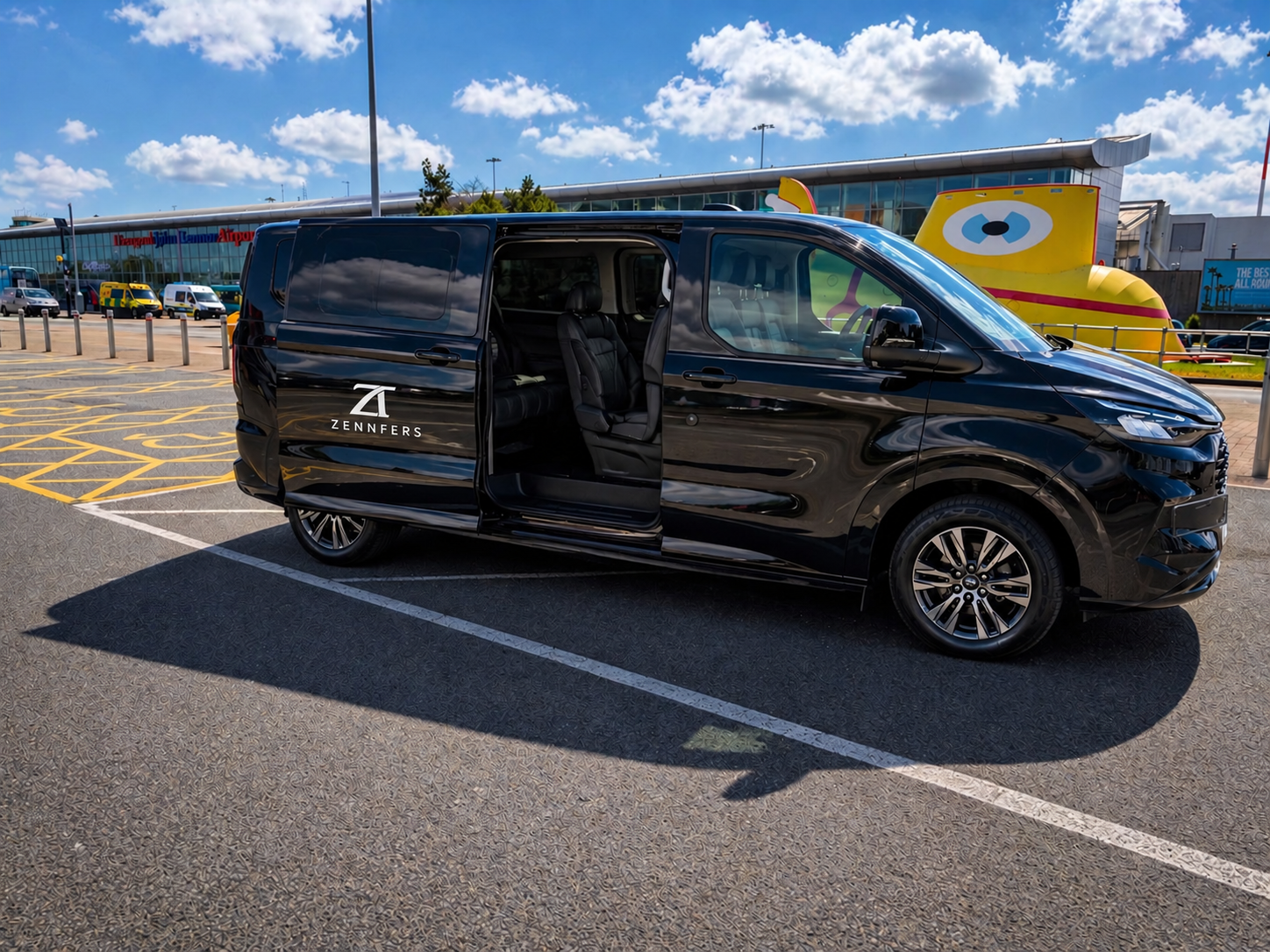 Zennfers executive minibus at Liverpool Airport with its registration plate blanked